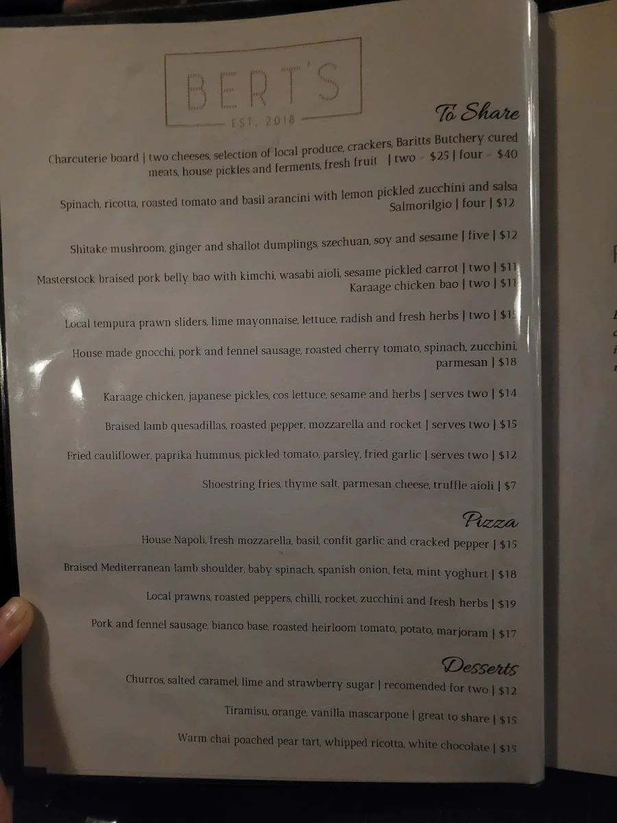 Menu, Bert's Restaurant & Bar