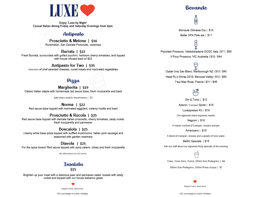 Menu, LUXE Rosebery