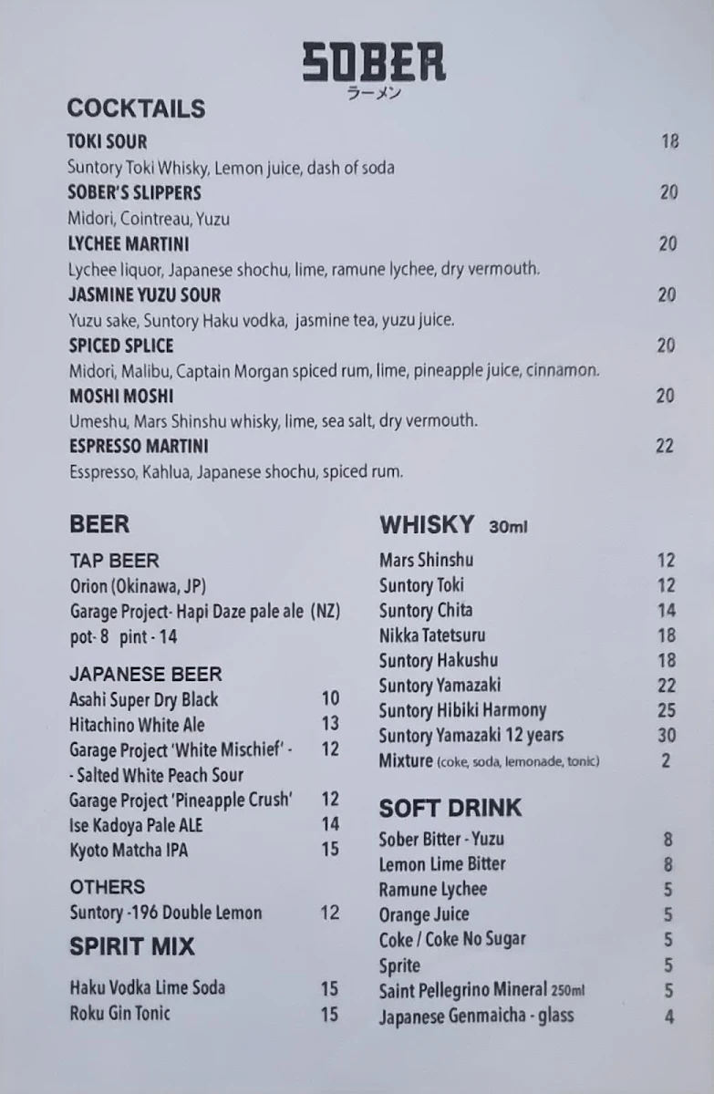 Menu, Sober Ramen