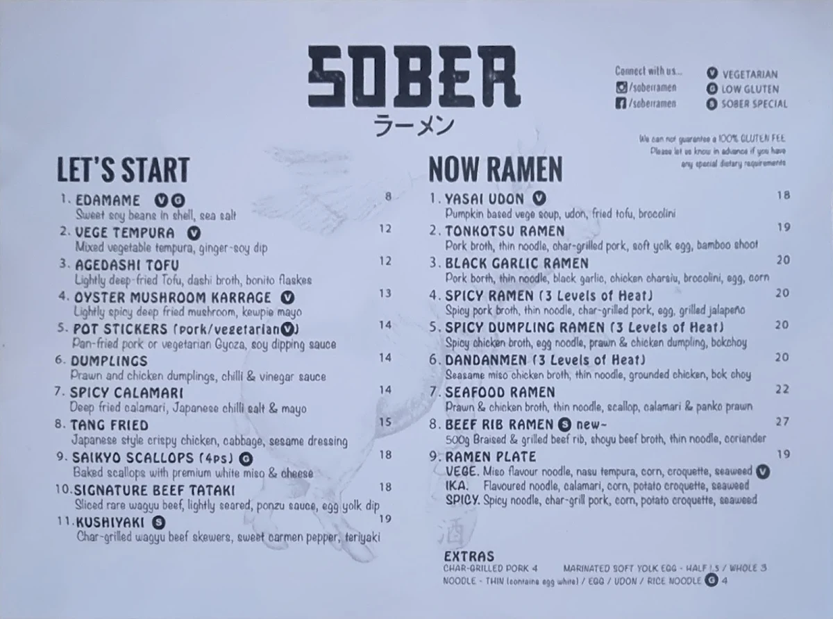 Menu, Sober Ramen