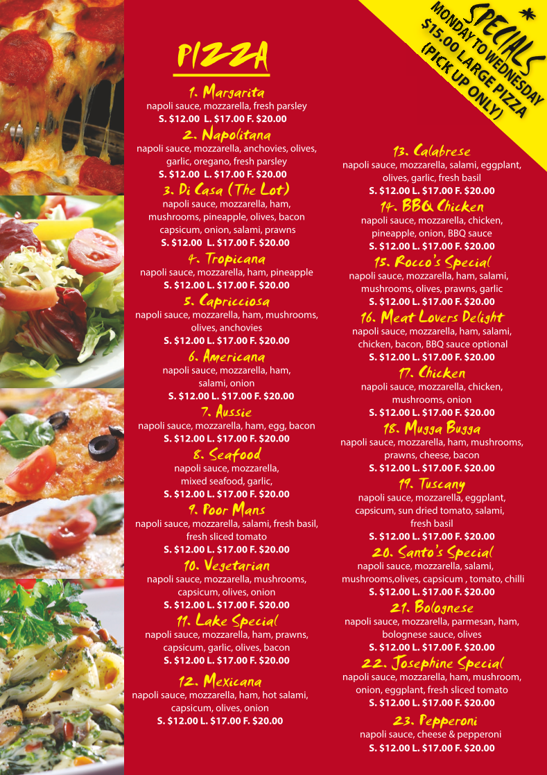 Menu, Kialla Lakes Pizzeria