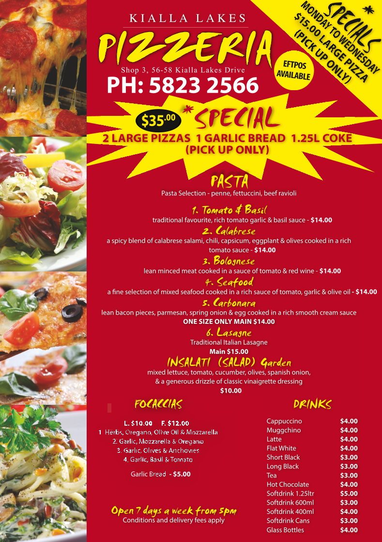 Menu, Kialla Lakes Pizzeria