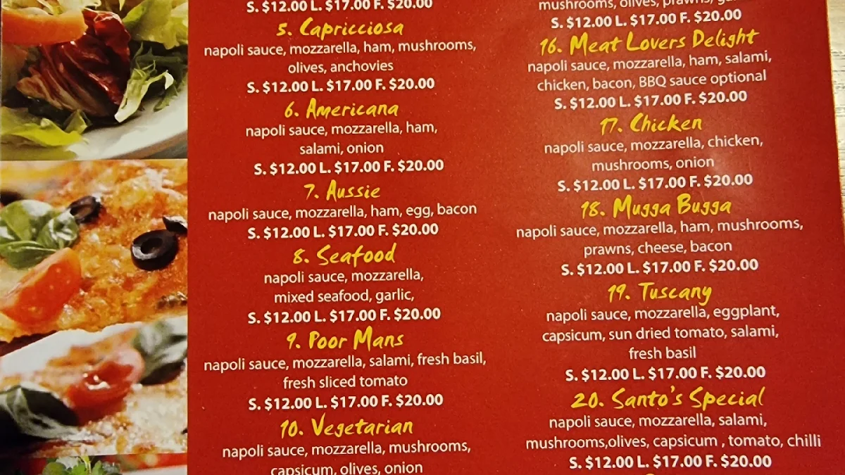 Menu, Kialla Lakes Pizzeria