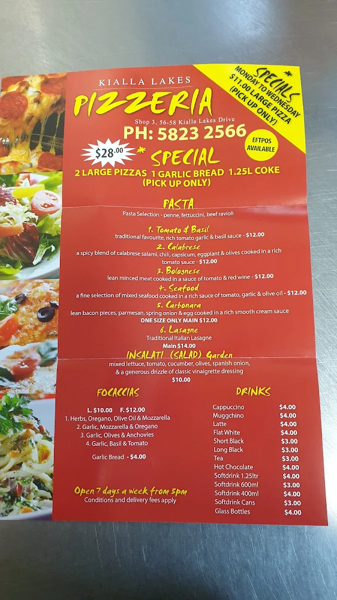 Menu, Kialla Lakes Pizzeria