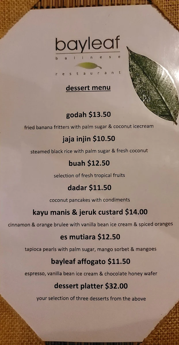 Menu, Bayleaf Balinese Restaurant