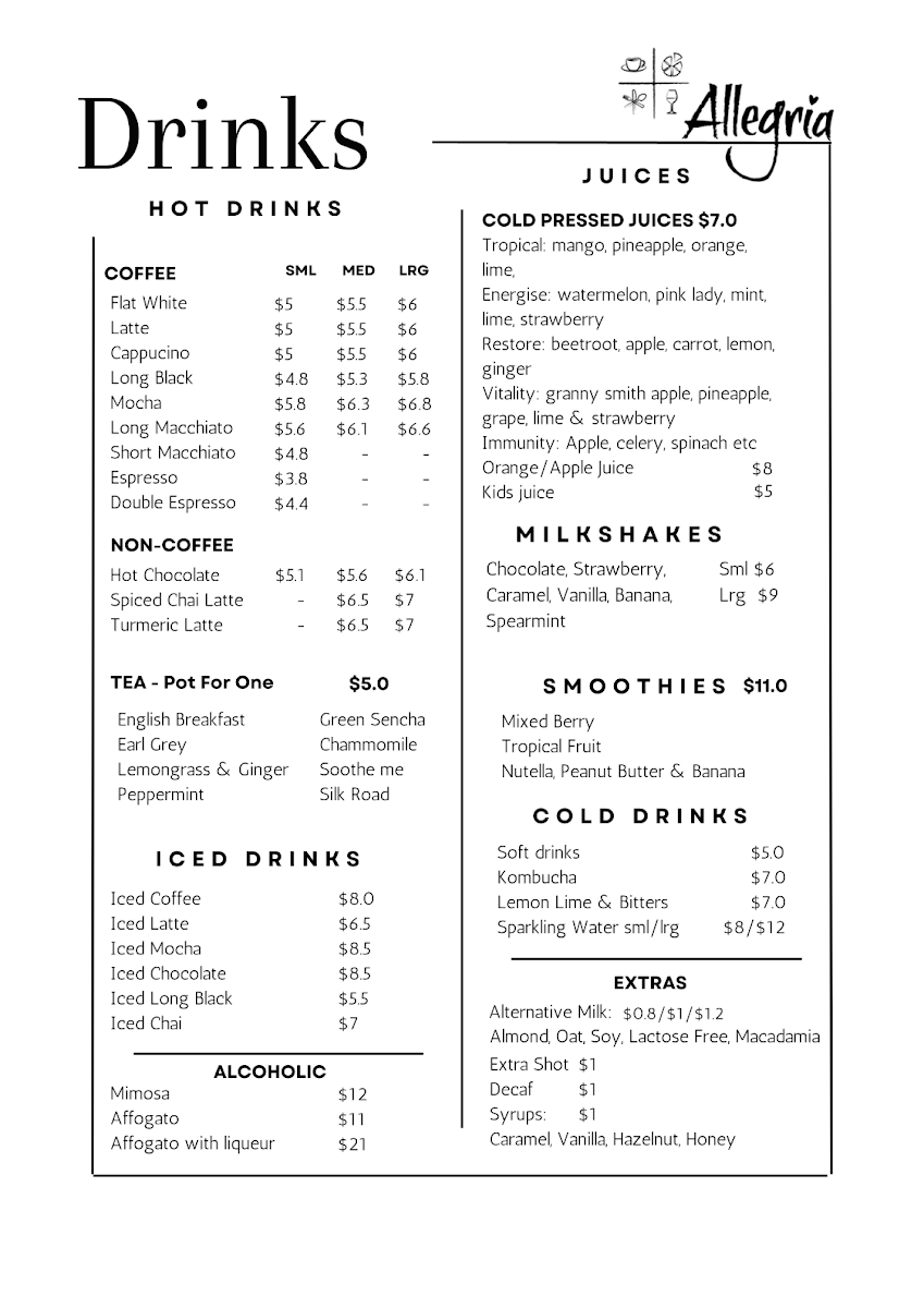Menu, Allegria Cafe Deli Pizza
