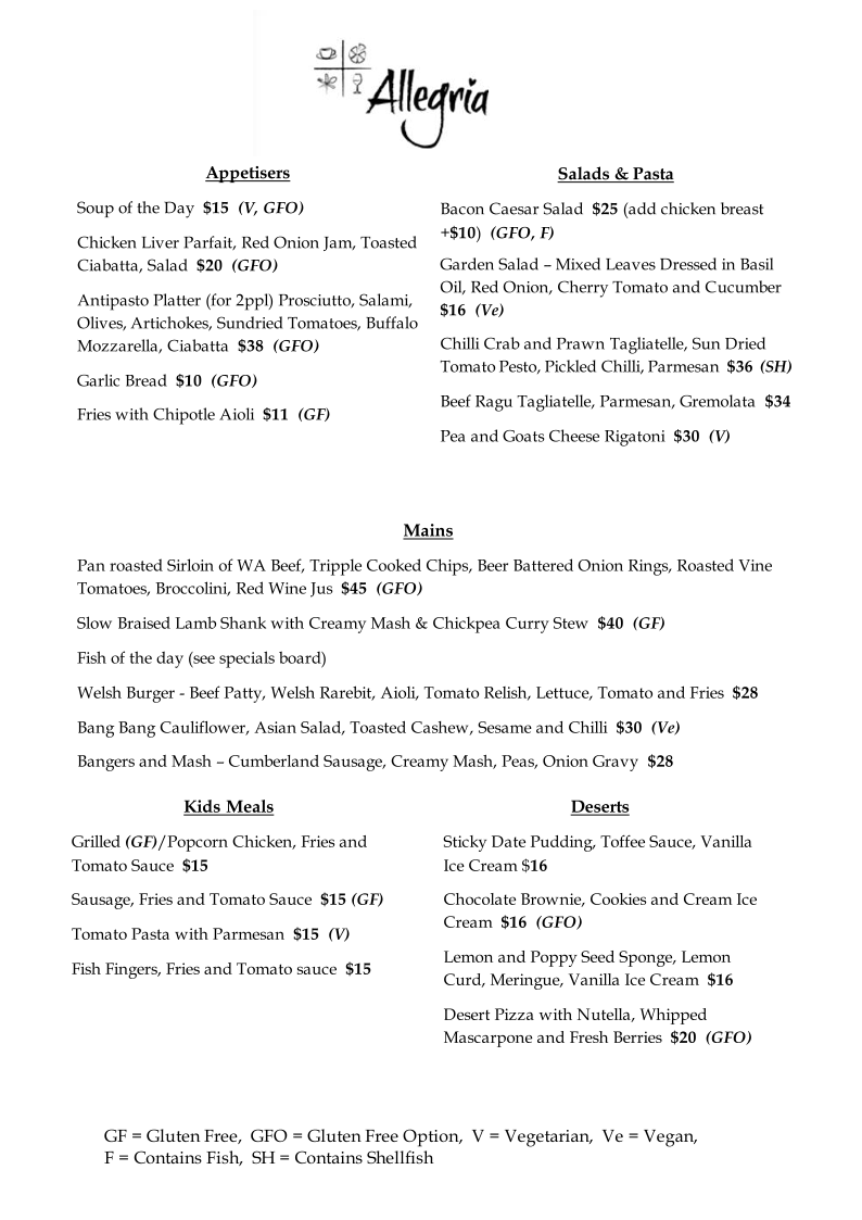 Menu, Allegria Cafe Deli Pizza