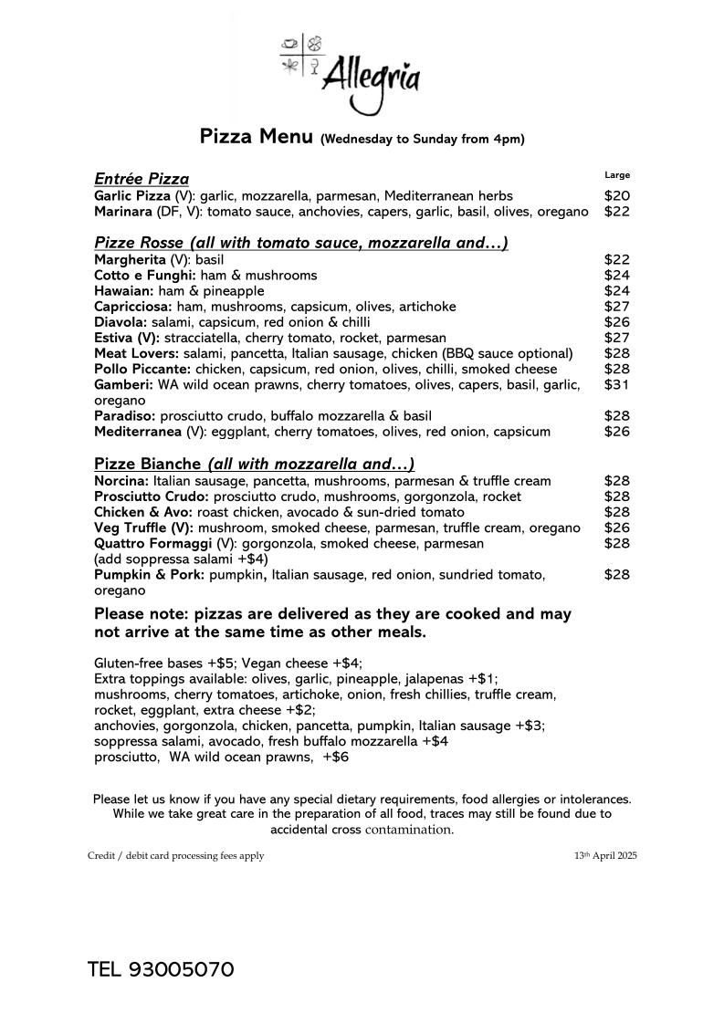 Menu, Allegria Cafe Deli Pizza