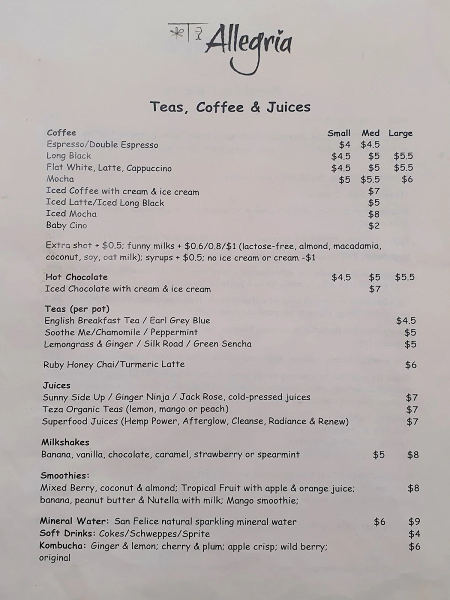 Menu, Allegria Cafe Deli Pizza