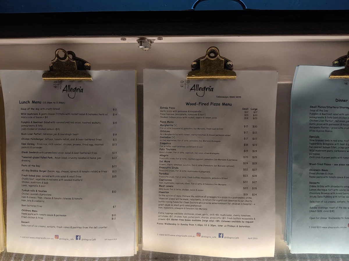 Menu, Allegria Cafe Deli Pizza