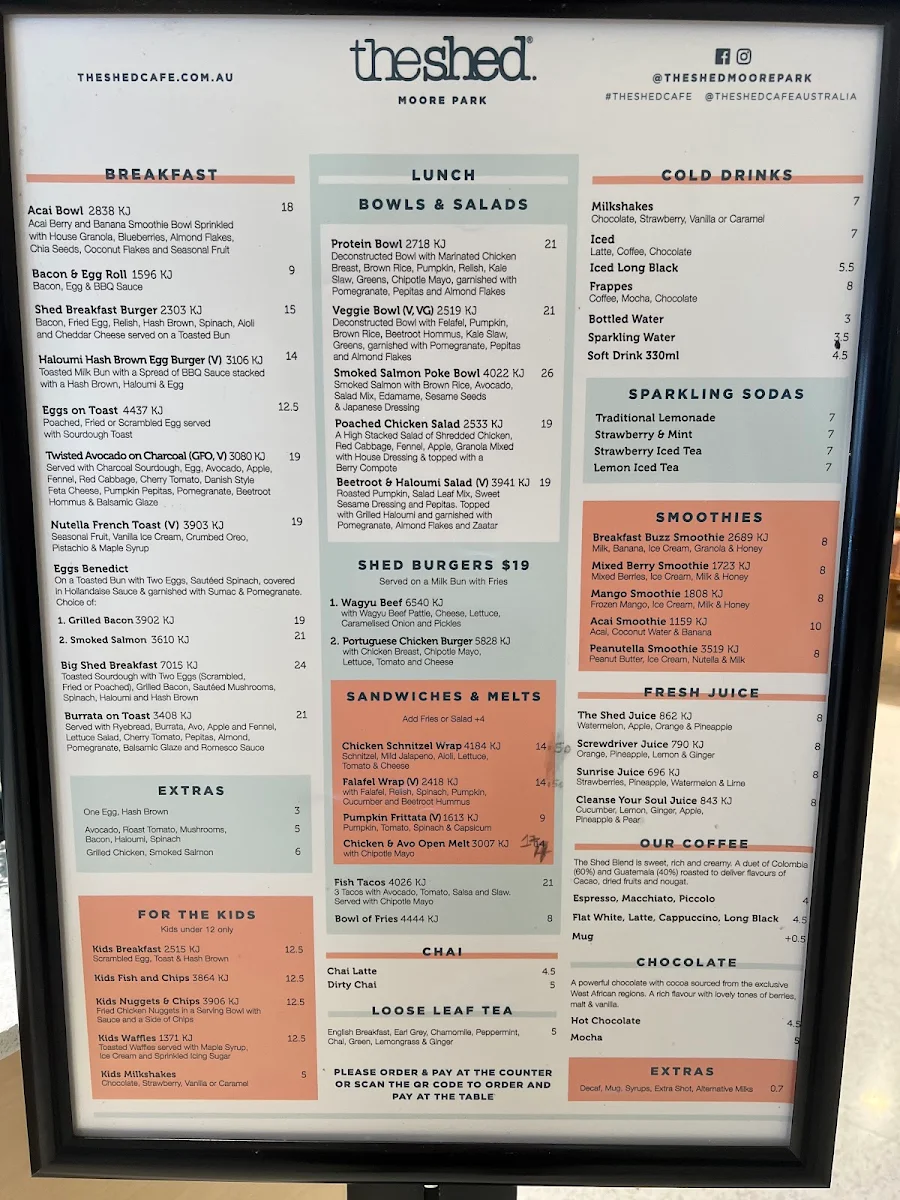Menu, The Shed Cafe - Moore Park