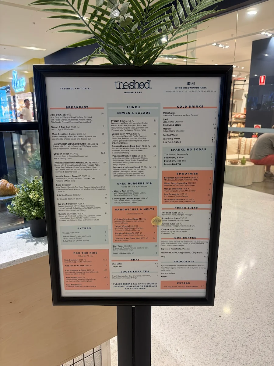 Menu, The Shed Cafe - Moore Park
