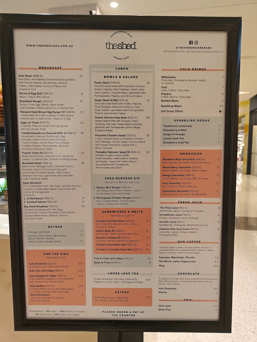 Menu, The Shed Cafe - Moore Park