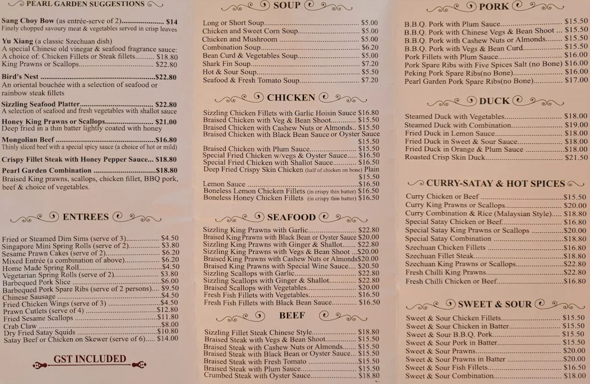 Menu, Pearl Garden Restaurant