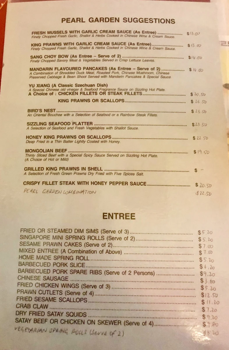 Menu, Pearl Garden Restaurant