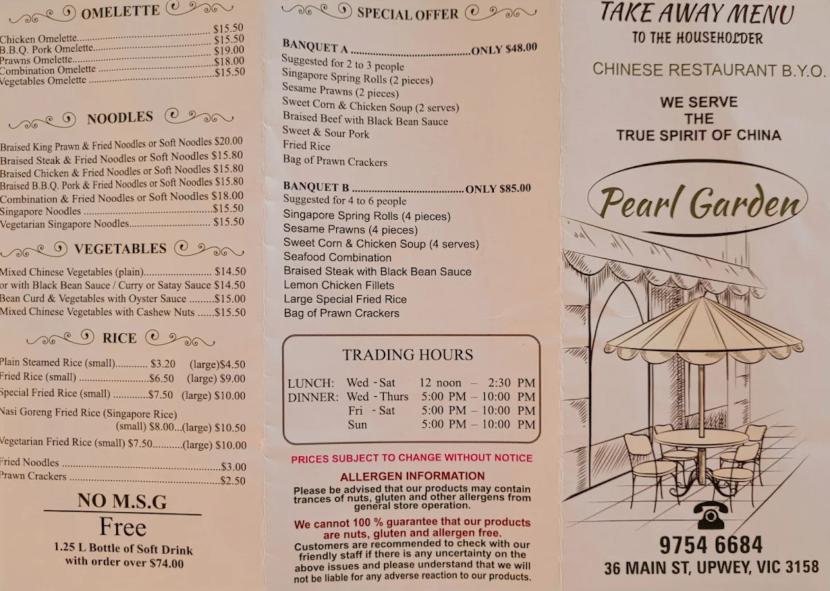 Menu, Pearl Garden Restaurant