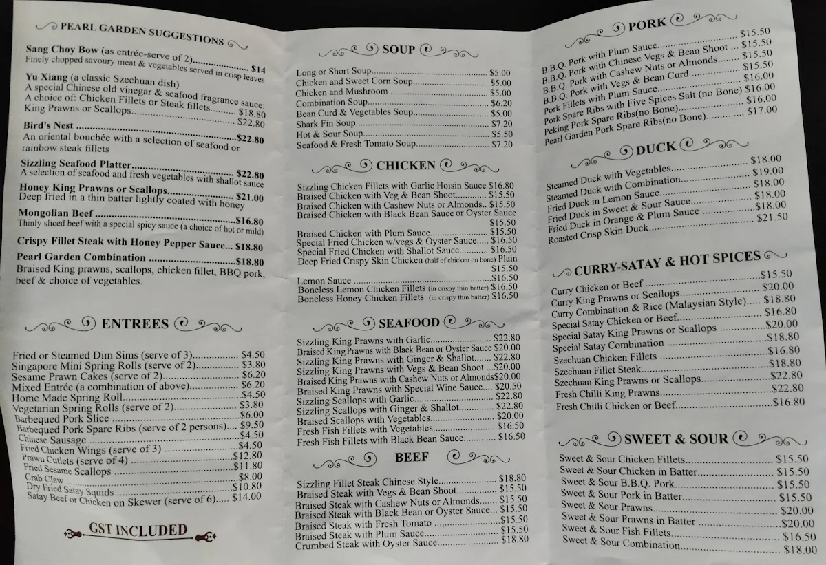 Menu, Pearl Garden Restaurant