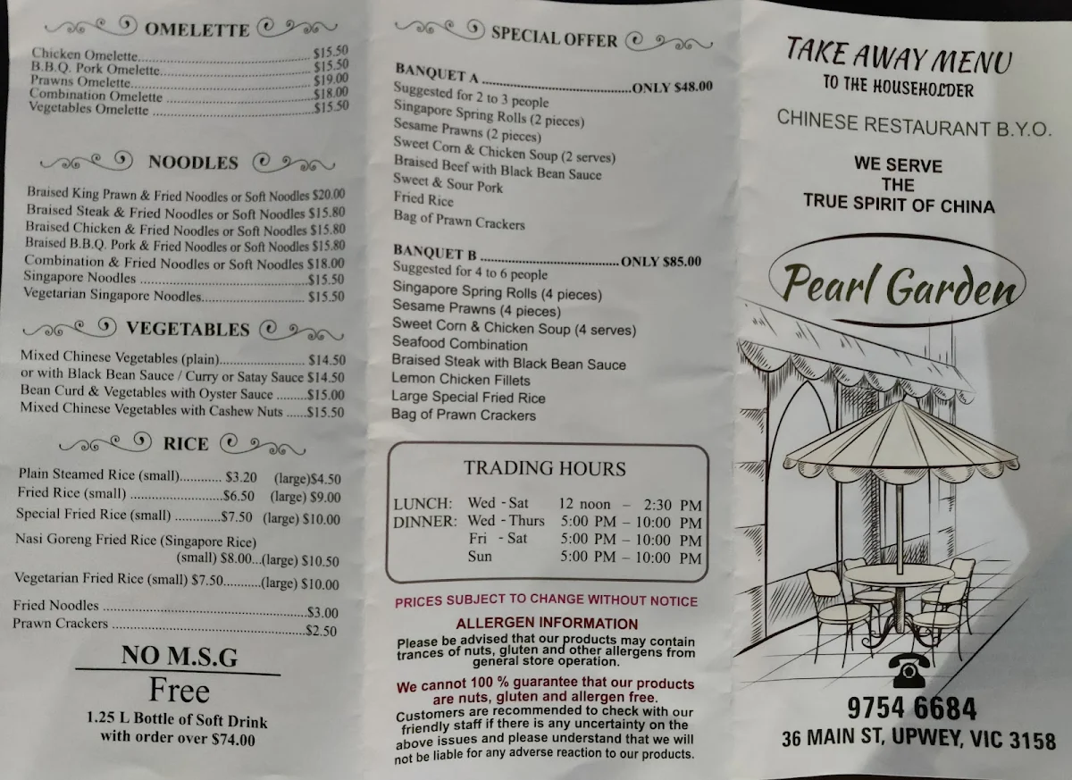 Menu, Pearl Garden Restaurant