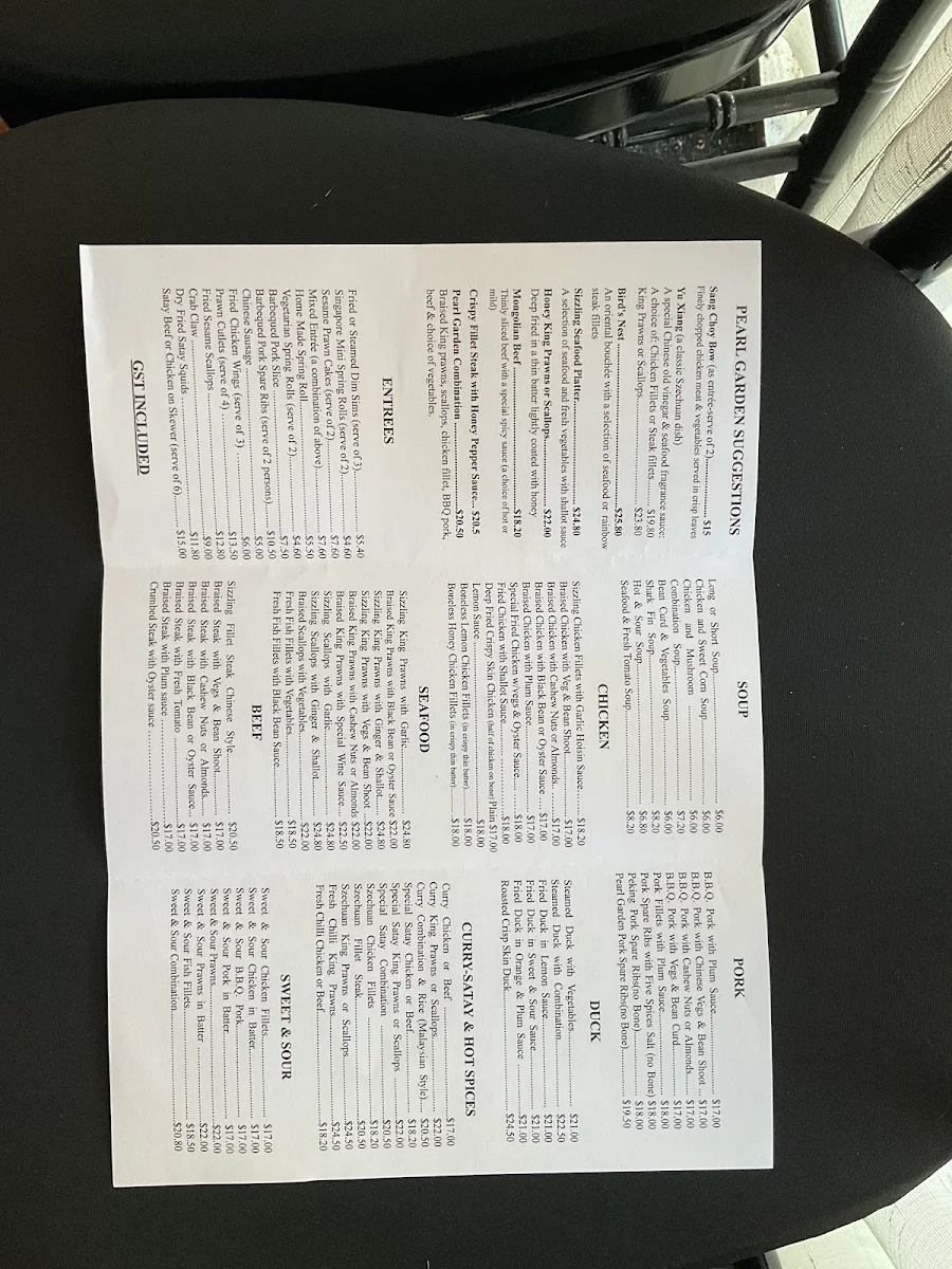 Menu, Pearl Garden Restaurant