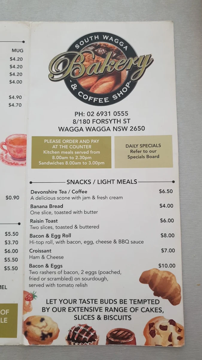 Menu, South Wagga Bakery