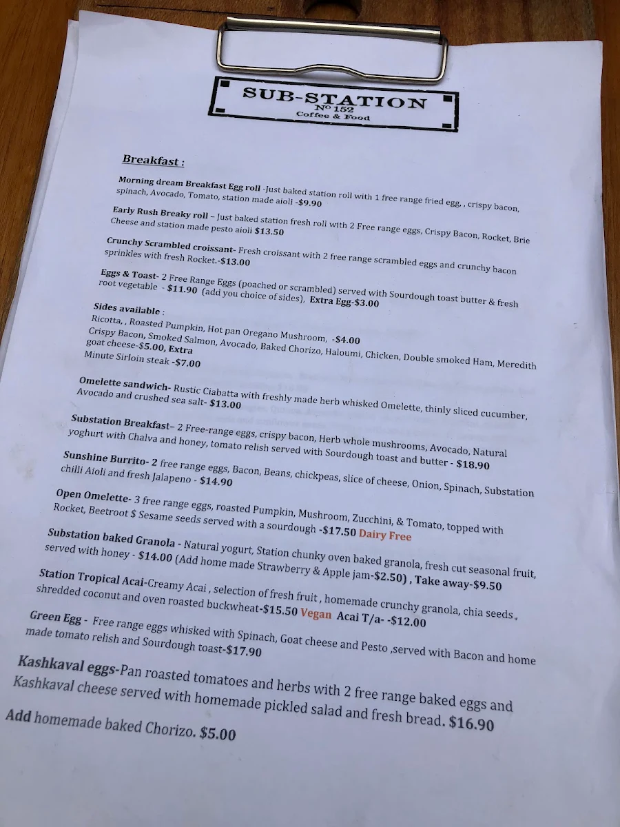 Menu, Sub-Station Cafe
