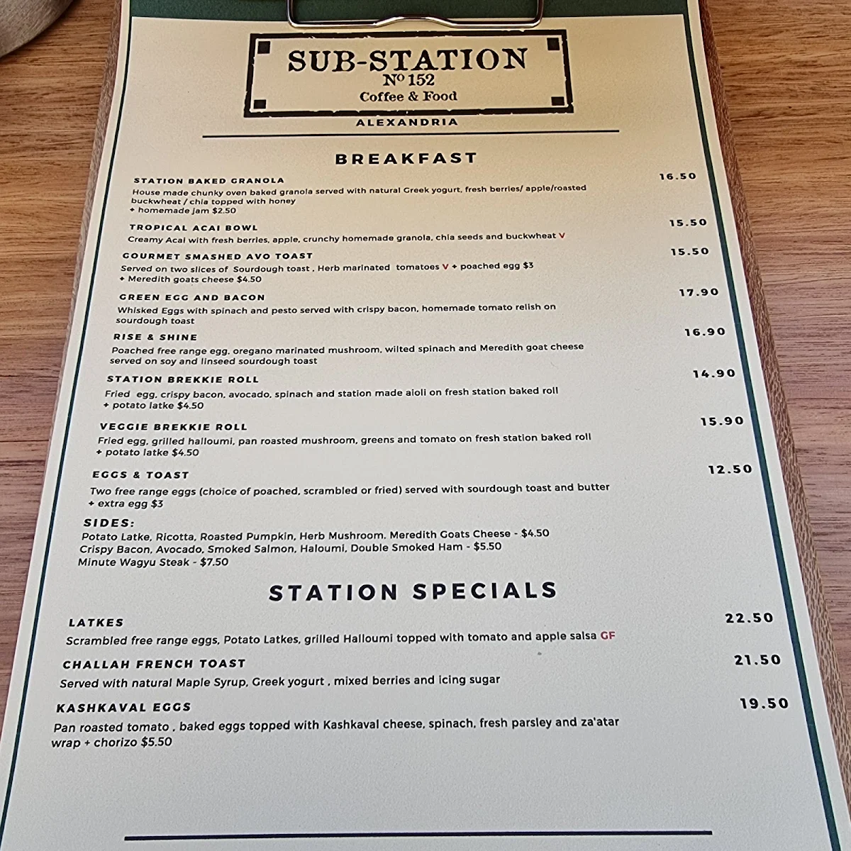 Menu, Sub-Station Cafe