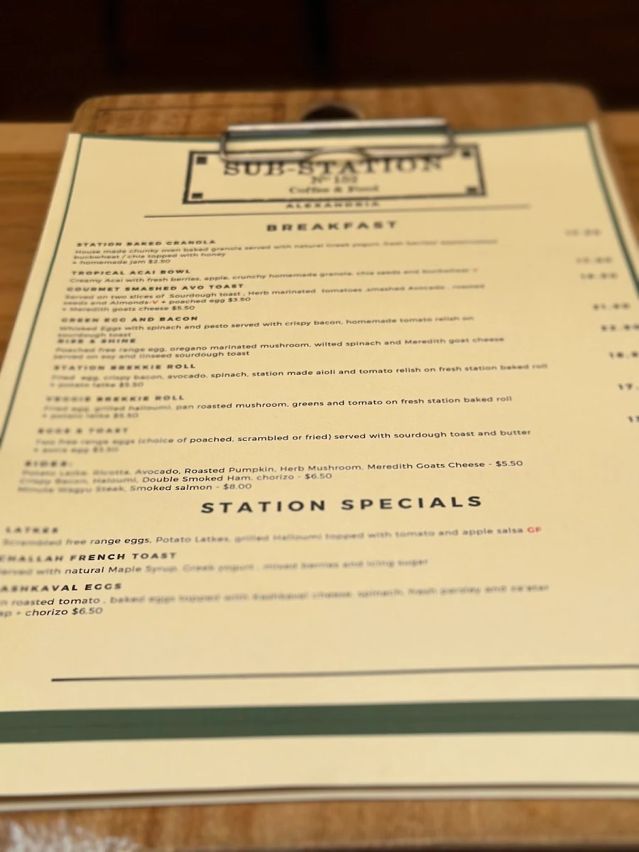 Menu, Sub-Station Cafe