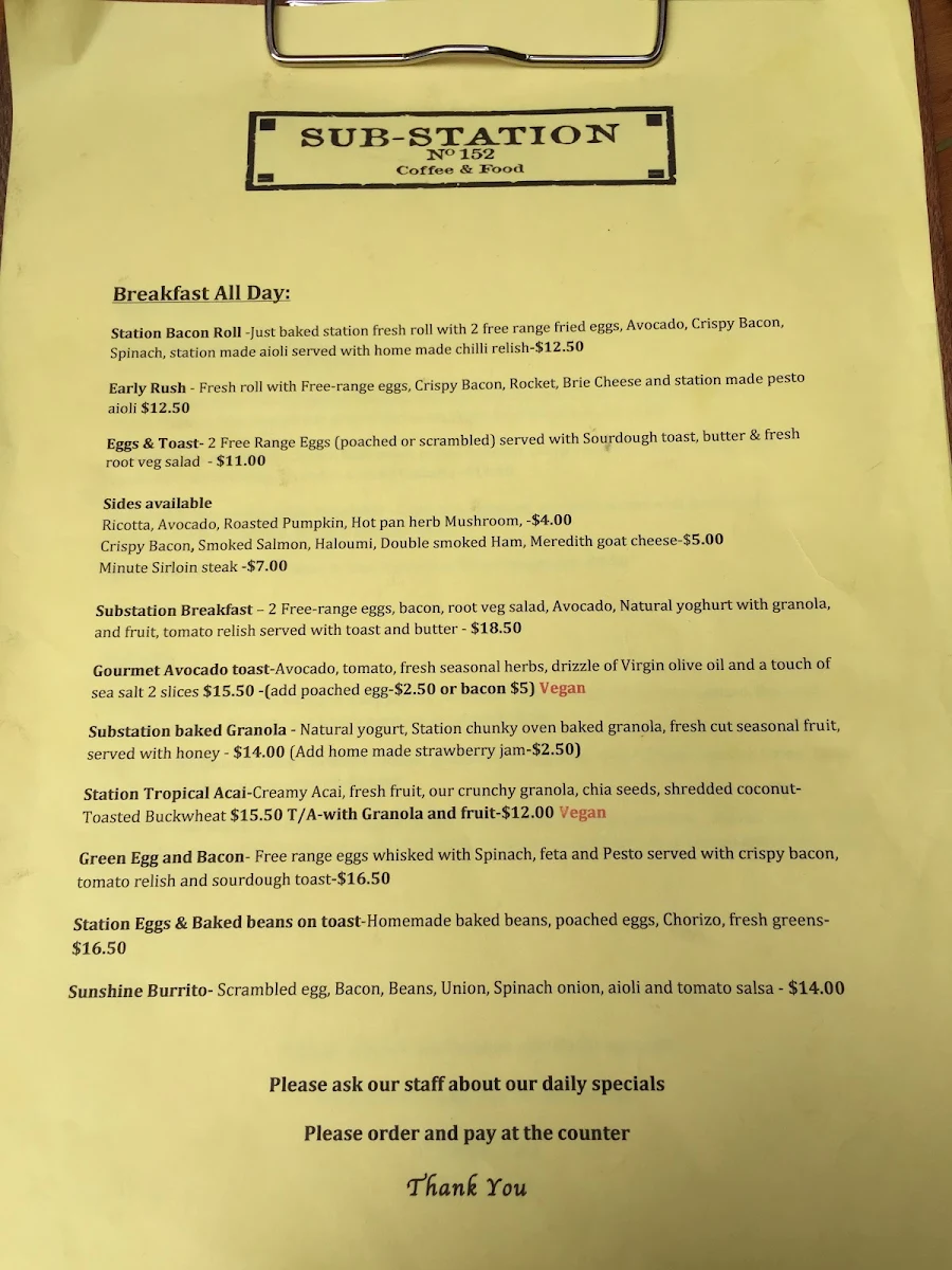 Menu, Sub-Station Cafe