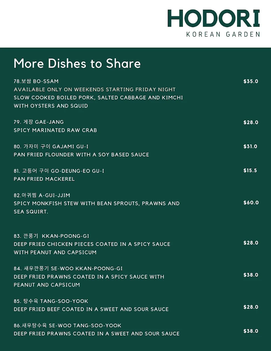 Menu, Hodori Korean Garden