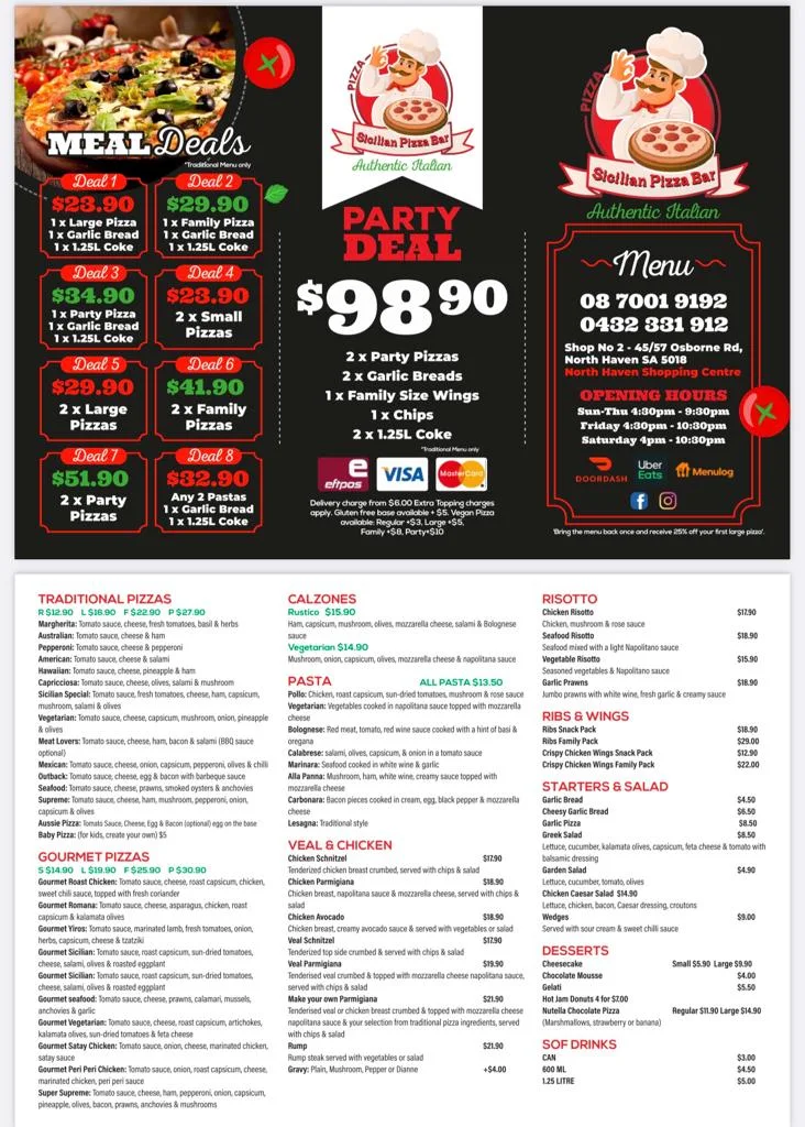 Menu, Sicilian Pizza Bar