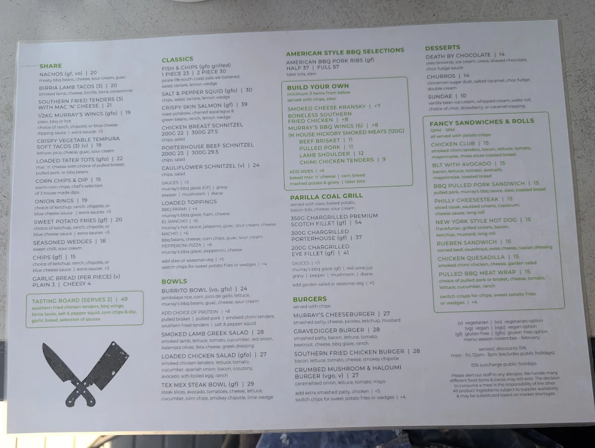 Menu, Murrays BBQ and Bar at the Exchange