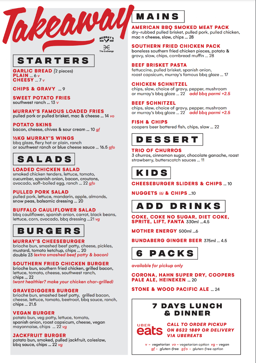 Menu, Murrays BBQ and Bar at the Exchange