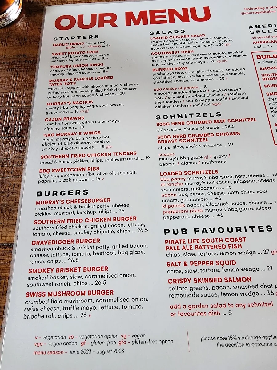 Menu, Murrays BBQ and Bar at the Exchange