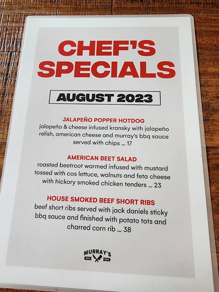 Menu, Murrays BBQ and Bar at the Exchange