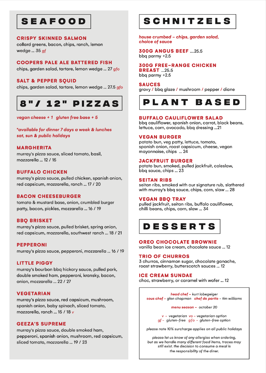 Menu, Murrays BBQ and Bar at the Exchange