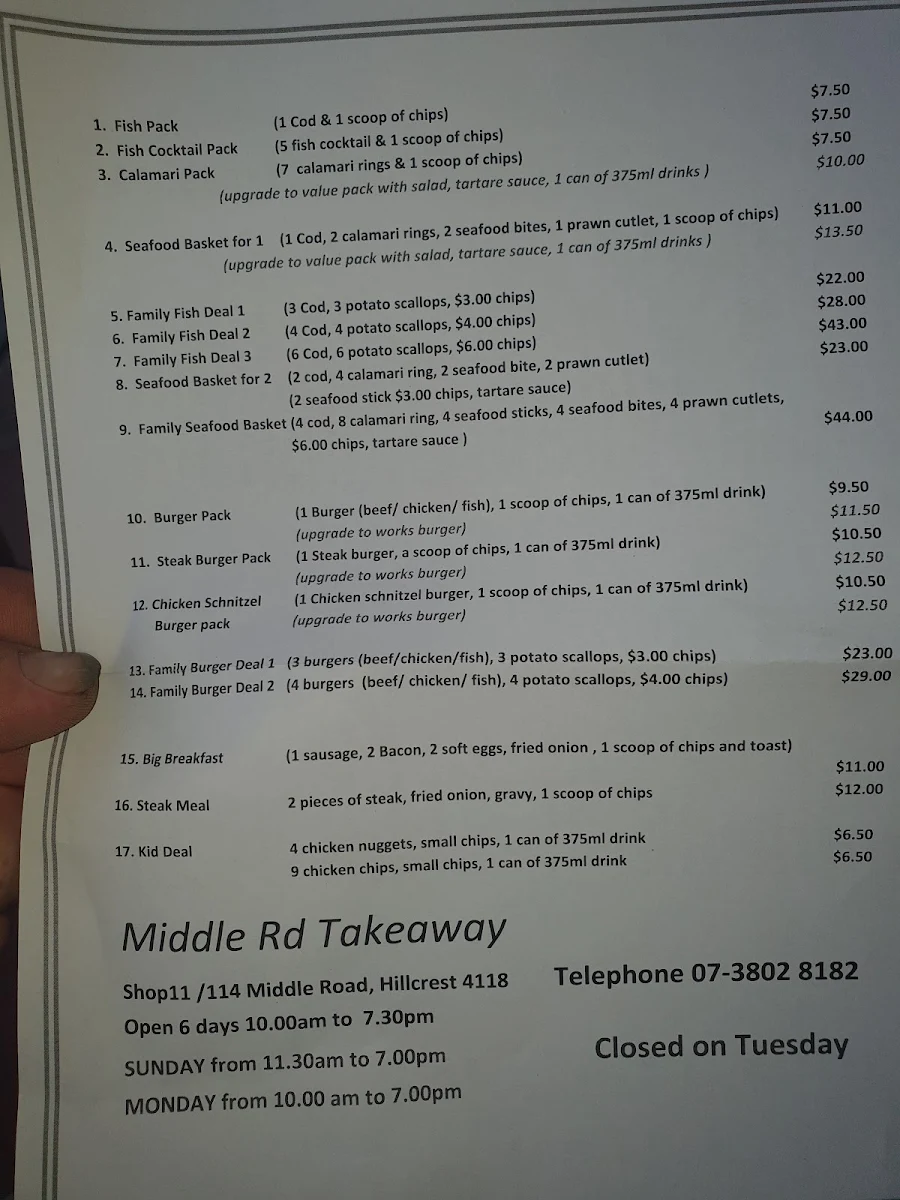 Menu, Middle Road Takeaway