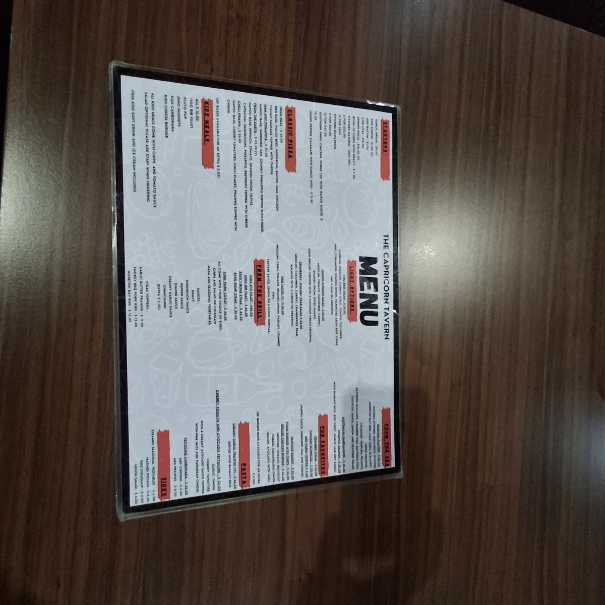 Menu, Capricorn Tavern