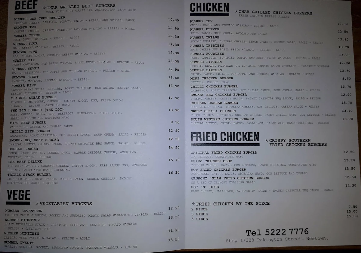 Menu, Burger Inc