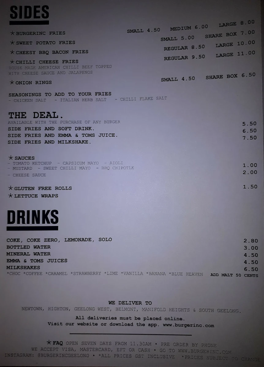 Menu, Burger Inc