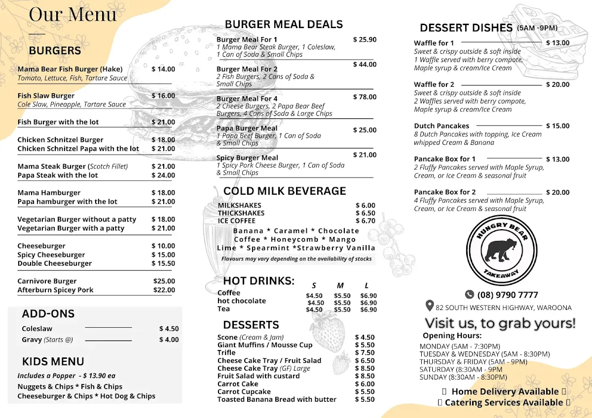 Menu, Hungry Bear Takeaway