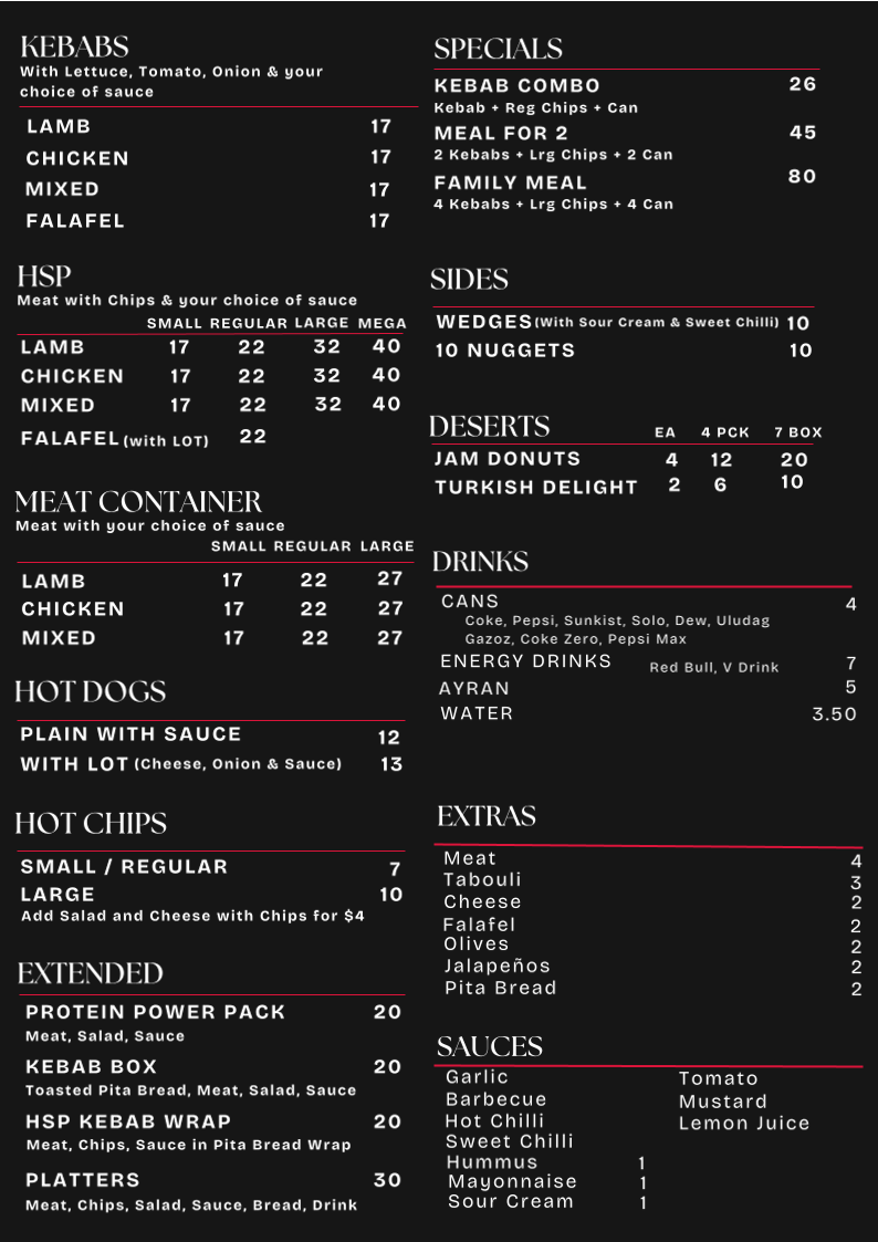 Menu, Kebab Stop