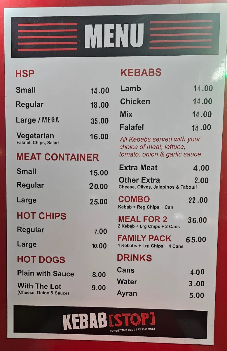 Menu, Kebab Stop