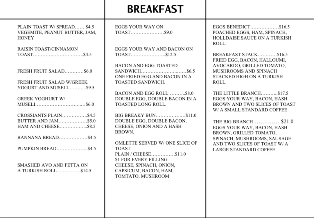 Menu, Tree Branch Cafe narellan