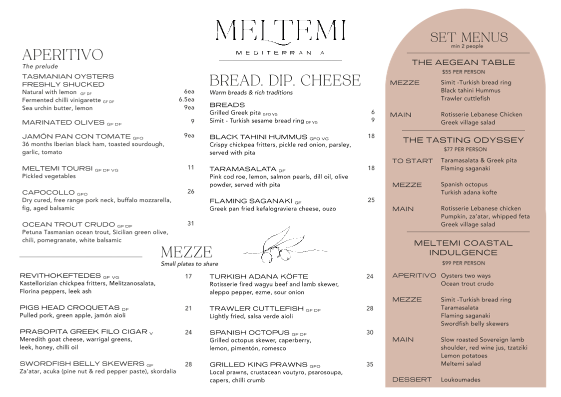 Menu, Meltemi Mediterrania Broadbeach