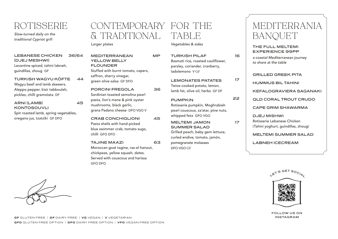 Menu, Meltemi Mediterrania Broadbeach