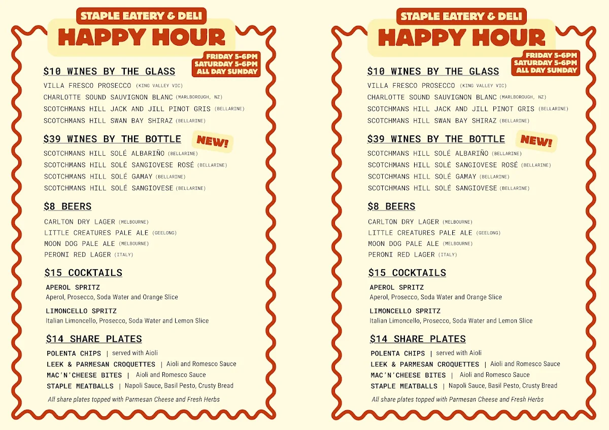Menu, Staple Eatery and Deli