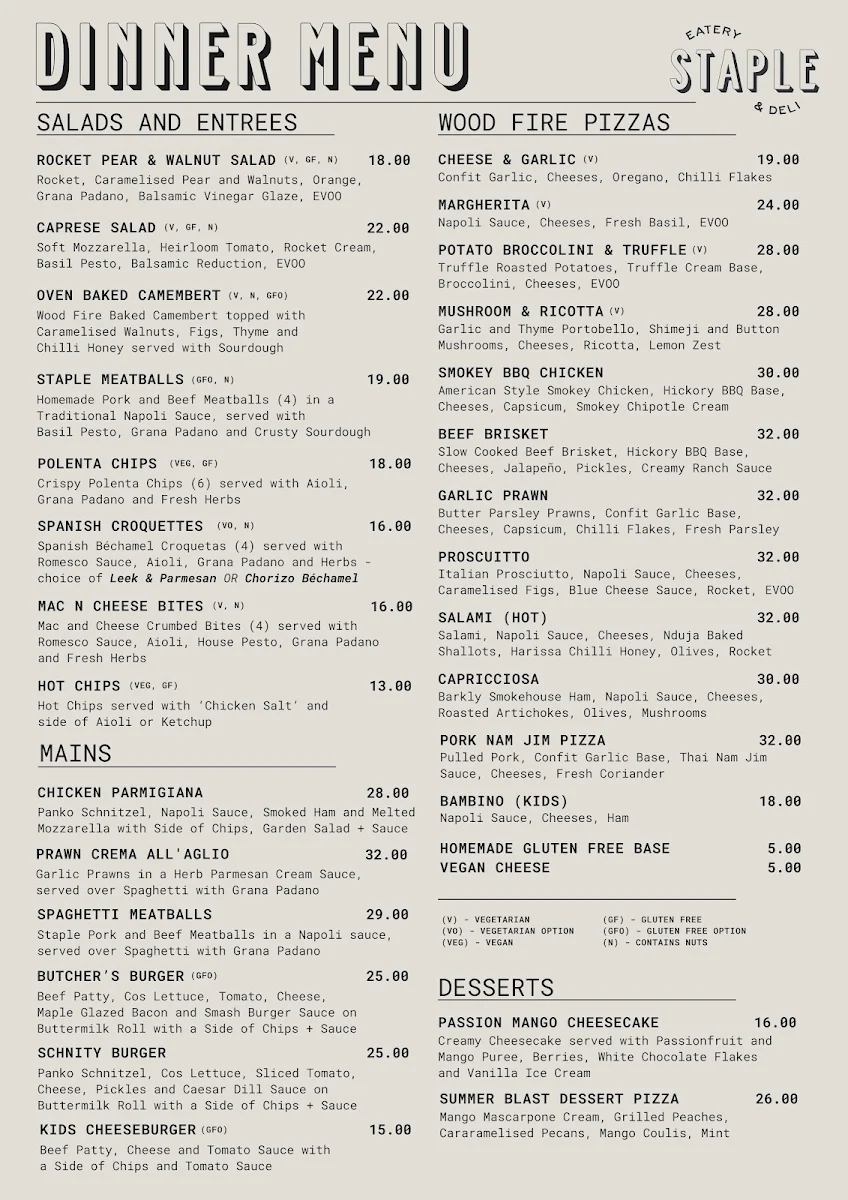 Menu, Staple Eatery and Deli