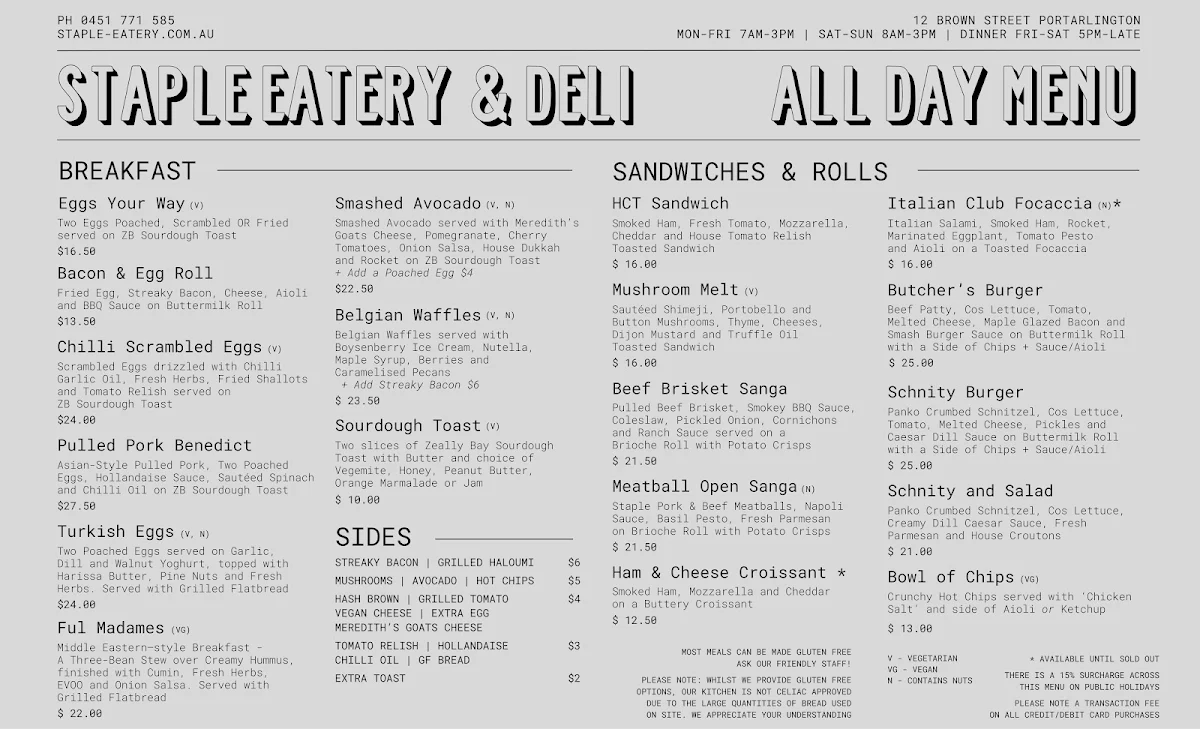 Menu, Staple Eatery and Deli