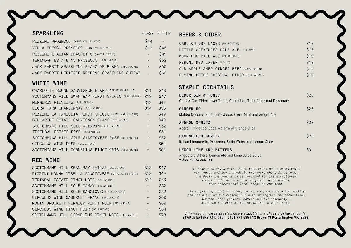 Menu, Staple Eatery and Deli