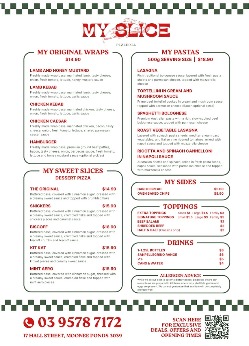 Menu, My Slice Pizzeria